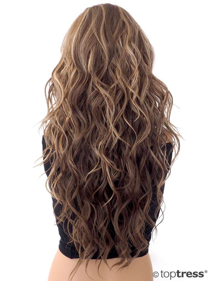 WIG ME UP Perücke Braun (Farbe 6), Sehr Lang Mit Breitem Pony – Aus Kunstfaser, Kopfumfang Bis 60 Cm