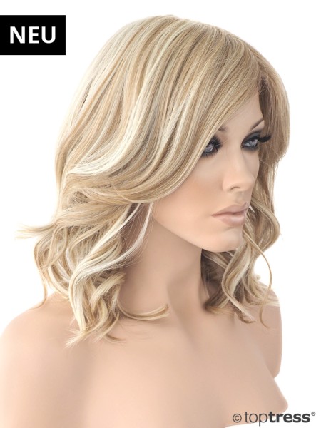 Perücke Mina Thermosilk blond mit Highlights schulterlang gewellt hitzebeständig