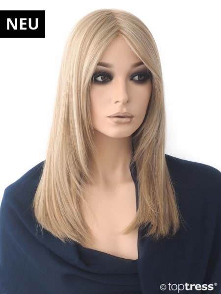 Perücke Daniella blond mit leichten mittelblonden Strähnen, Thermosilk, Lace front und Scheitel