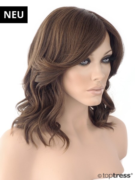 Perücke Mina Thermosilk mittelbraun schulterlang gewellt hitzebeständig