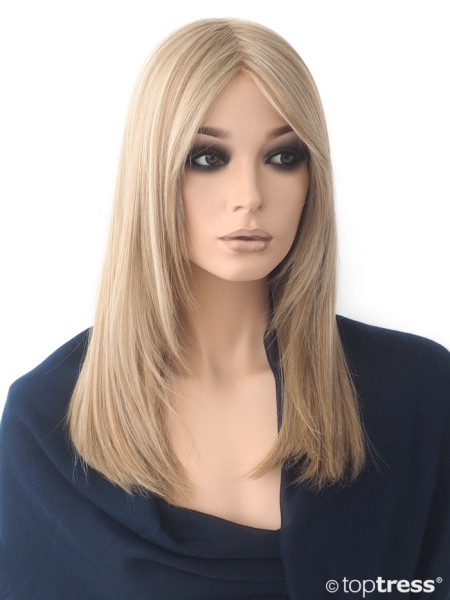Perücke Daniella blond mit leichten mittelblonden Strähnen, Thermosilk, Lace front und Scheitel