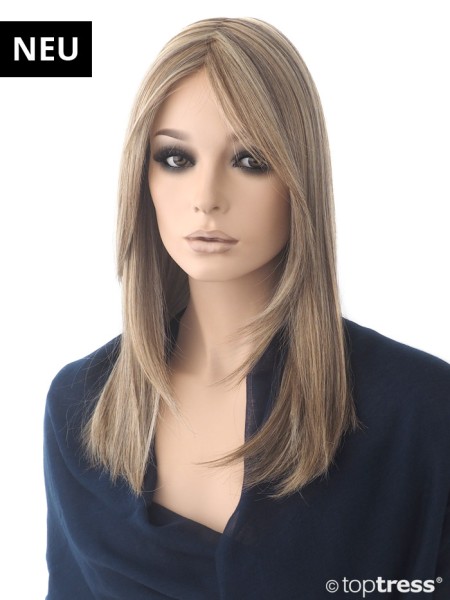 Perücke Daniella goldblond mit dunkelblonden und hellblonden Strähnen, Thermosilk, Lace front und Scheitel